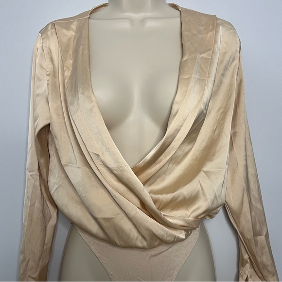 Womens Bodysuit Satin Long Sleeve Regular Fit Surplice Deep V Neck Bodysuit - Picture 2 of 8